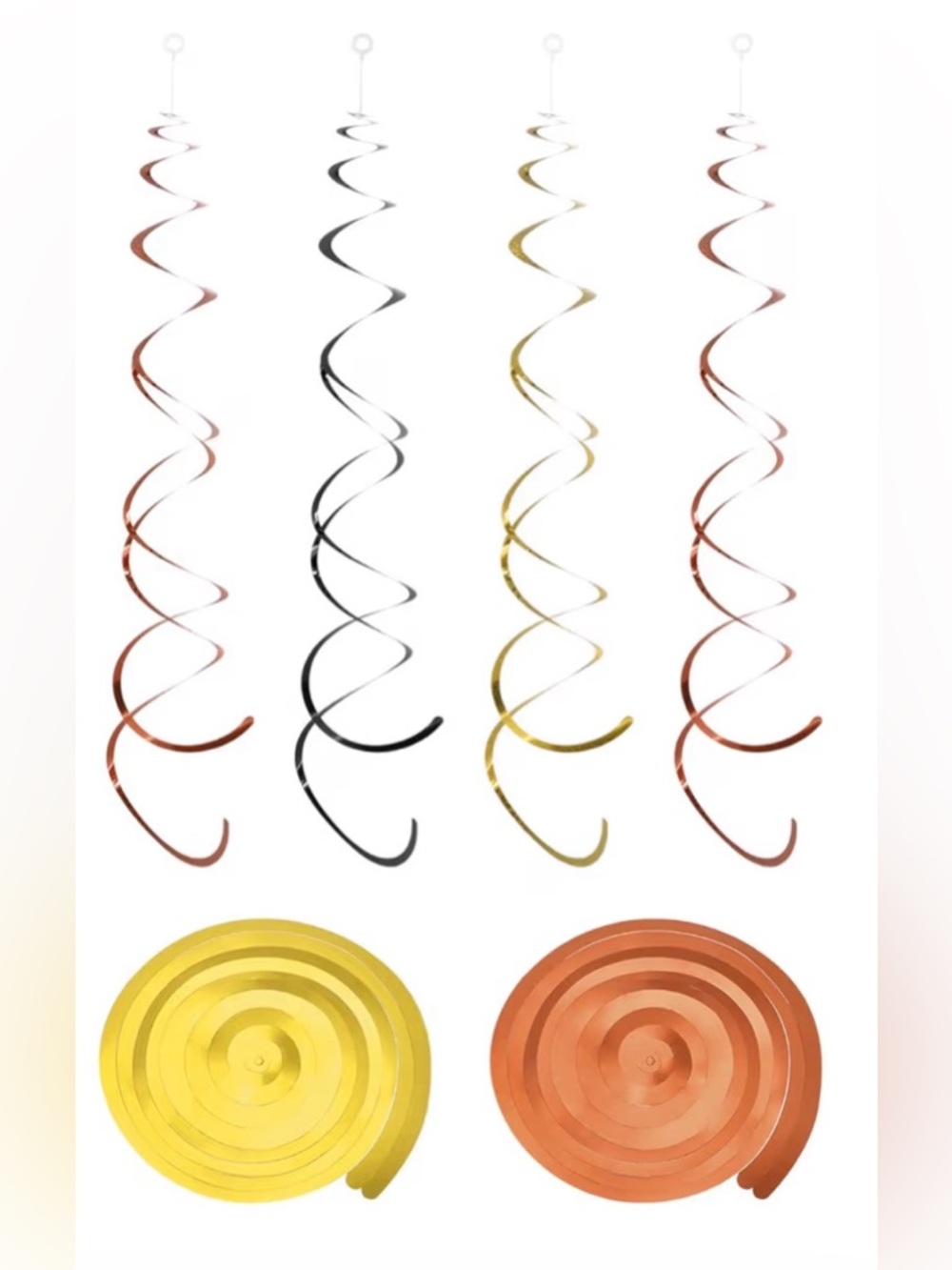 10 Pack Iridescent Hanging Swirl Decorations
5 Orange Swirls & 5 Gold Swirls